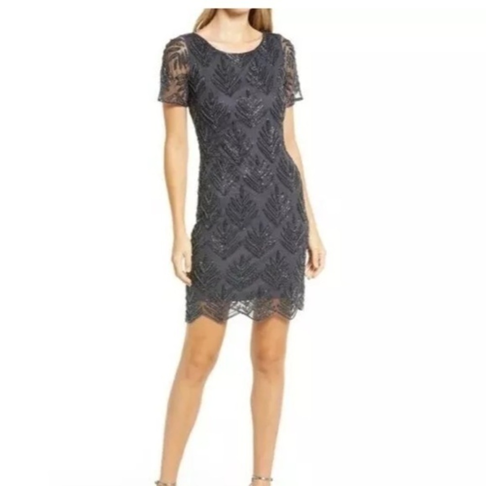NWT Pisarro Nights Women's Beaded Leaf Sheath Dress In Slate Size 12